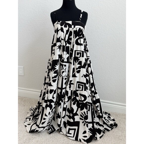 Abel the Label Anthropologie White Black Print Pockets Tiered Swing Maxi Small - Picture 3 of 10